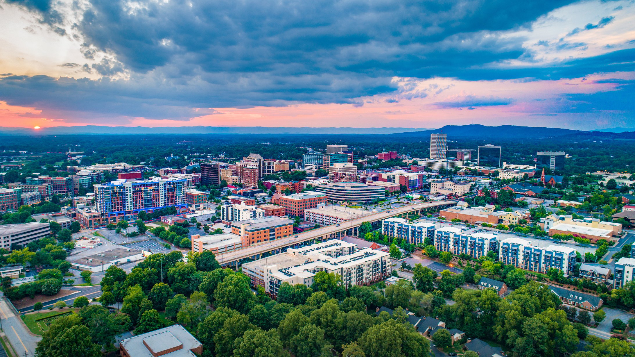 Greenville South Carolina SC Skyline Aerial at Sunset